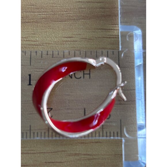 Red & Gold Tone Hoop Earrings With Twist Design - Picture 5 of 5